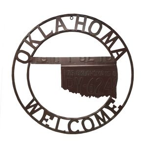 Oklahoma Map License Plate Embossed Metal Circle -